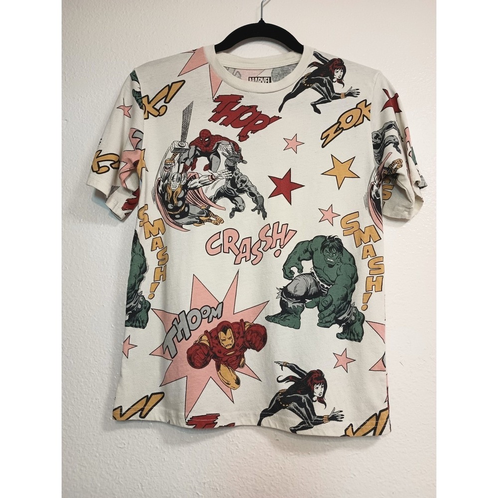 Marvel Avengers All Over Print Comic T-Shirt Kids Size M 12 Hulk Spider-Man Thor